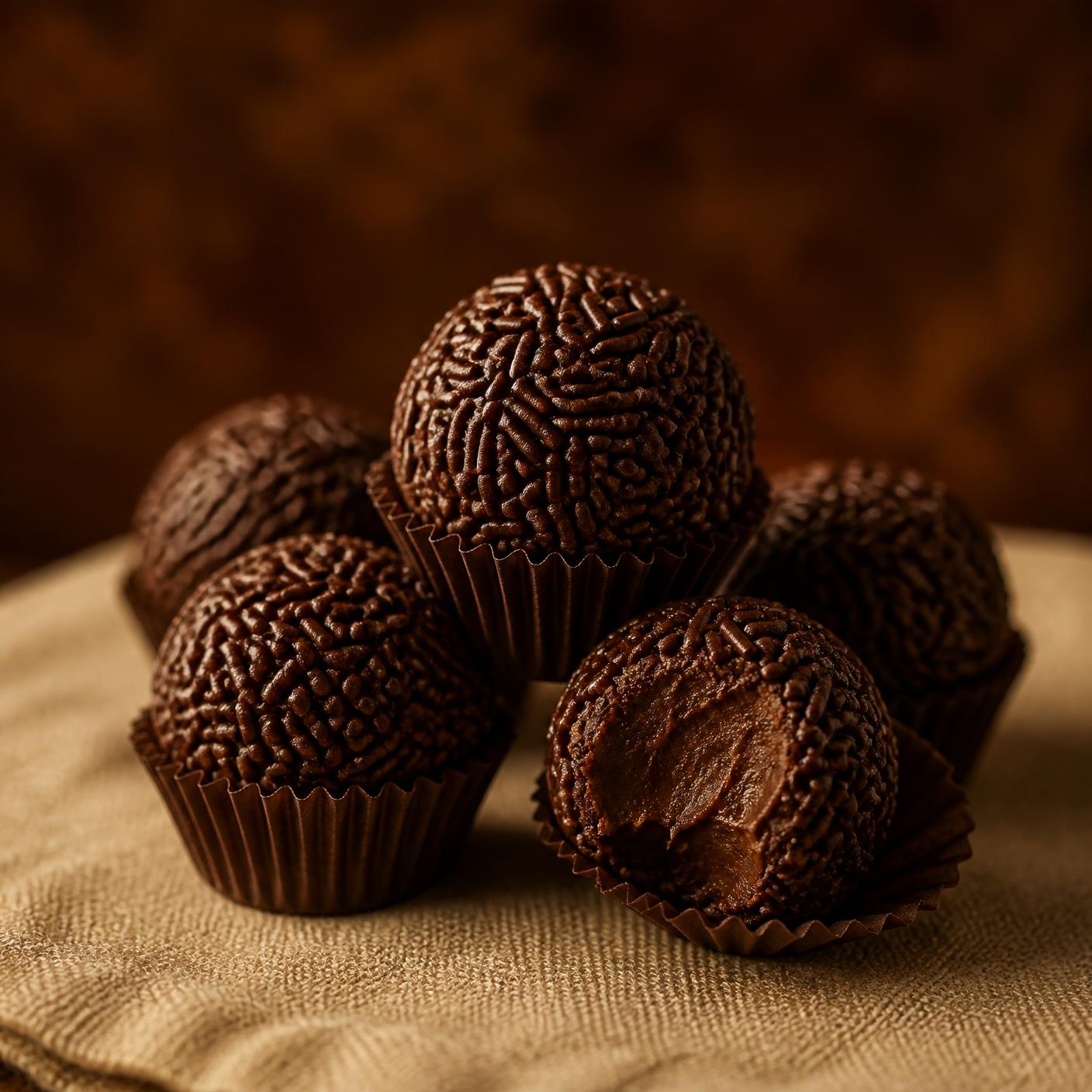 Brigadeiros de chocolate en cápsulas de papel sobre lino crema